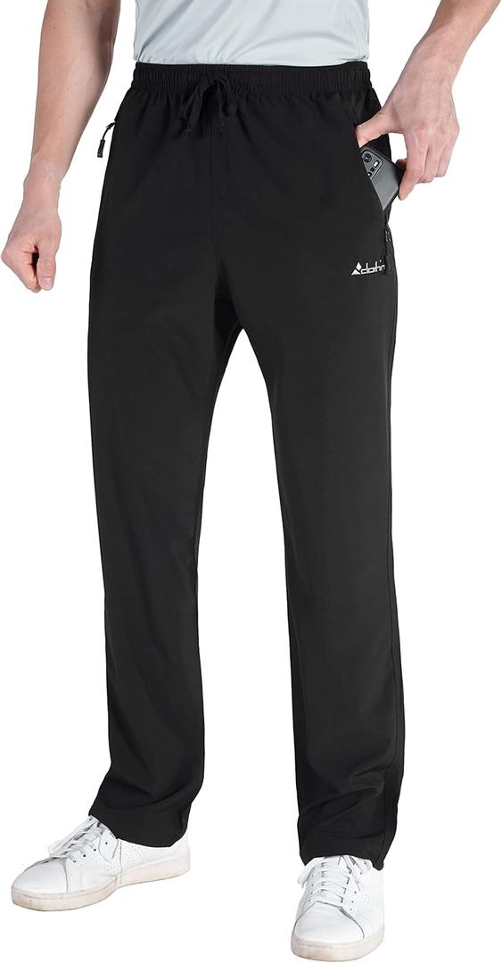 clothin Men's Lightweight Elastic Waist Pants Drawstring Athletic Sweatpants with Zipper Pockets for Hiking Casual Travel (31W x 30L, Black)