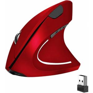 Ergonomic Vertical Wireless Mouse Stylish Rechargeable 2.4G Optical Mice Cordless Mouse with USB Receiver, 800/1200 /1600 DPI, 5 Buttons for Laptop,PC,Mac,Computer (Red)