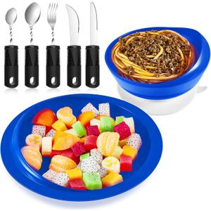 2 Sets Adaptive Utensils Bowl and Plate Set Adaptive Self Feeding Dinnerware with Suction Base Non Slip Bendable Cutlery for Elderly Disabled Hand Tremors Arthritis Parkinson (Blue)