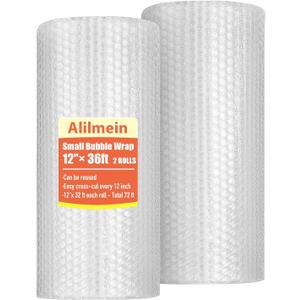 12 inch x 72ft - 2 Pack Total Small Thin Bubble Cushioning Wrap for Extra Protection Packaging Mailers, Nylon Wrap Rolls Moving Cushioning Supplies for Moving & Shipping, Perforated Every 12
