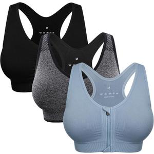 Women's Zip Front Sports Bra Wireless Post-Surgery Bra Active Yoga Sports Bras, Size L