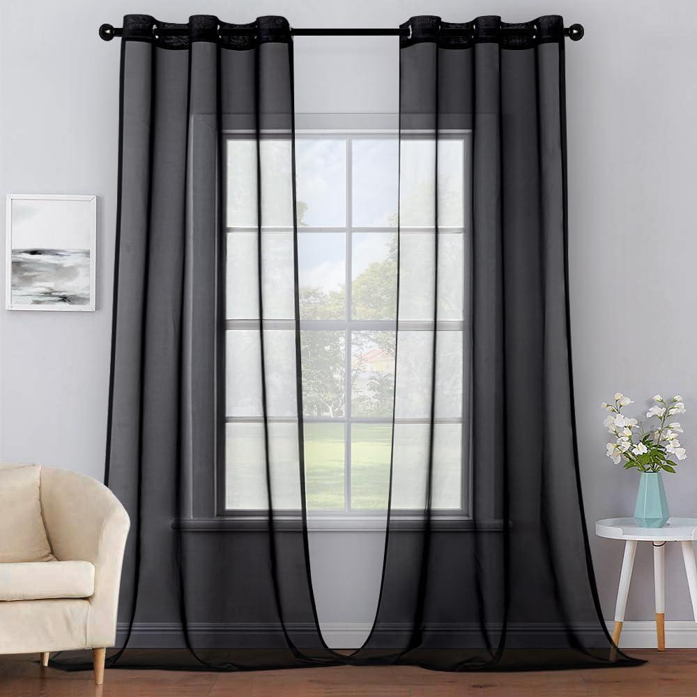 MIULEE Solid Color Sheer Curtains 84 Inches Long 2 Panels Set - Fall Elegant Lightweight Grommet Light Filtering Halloween Window Voile Drapes/Treatment for Bedroom Living Room W42 x L84 Inch, Black