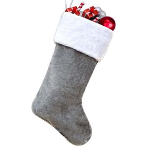 Grey Christmas Stocking Soft Faux Fur Xmas Stocking Personalized Fireplace Hanging Stockings Classic Christmas Stockings for New Year Party Decorations Family Holiday Party Supplies (Grey and White)