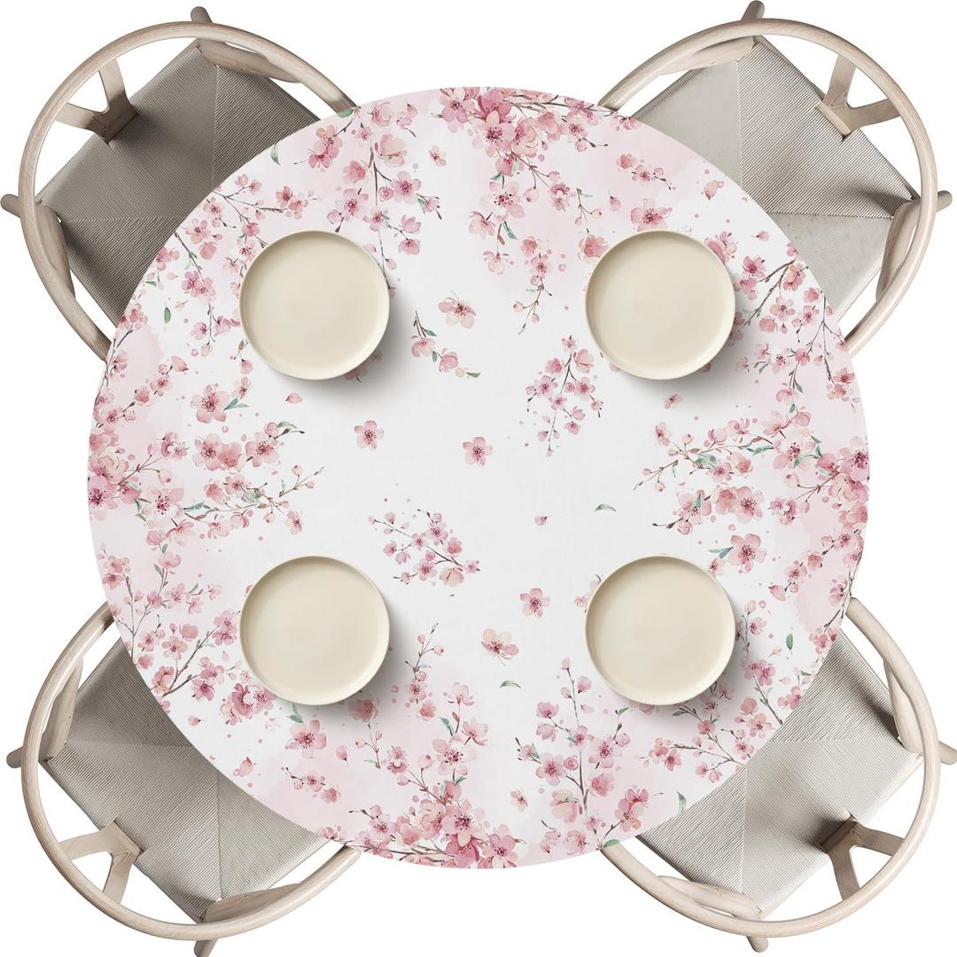 Horaldaily Spring Fitted Tablecloth 45"-56" Round, Spring Pink Cherry Blossoms Washable Table Cover Elastic Edged for Dinning, Picnic, Camping, Banquet (White)