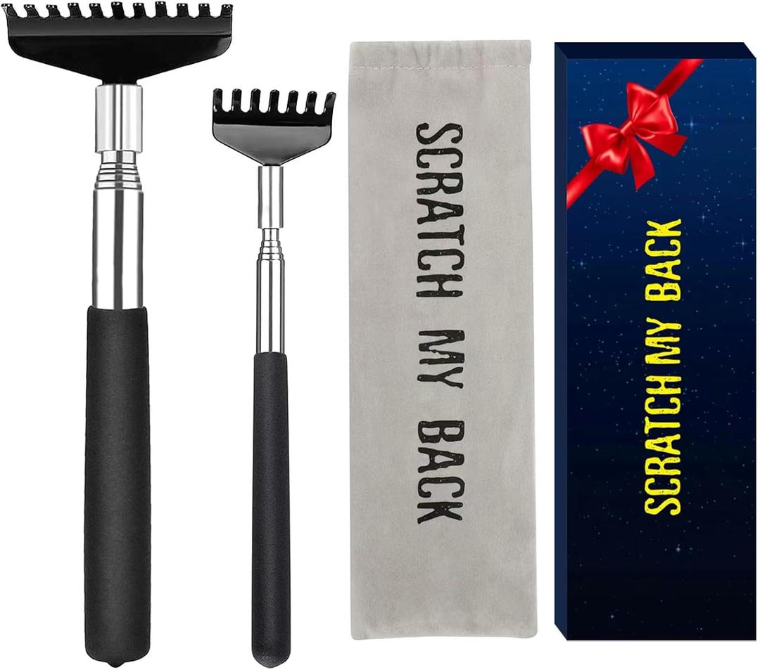 Oversized Back Scratcher Set, 2 Pack Portable Extendable Stainless Steel Telescoping Massage Tool, Gift/Stocking Stuffers for Men Women (Black)