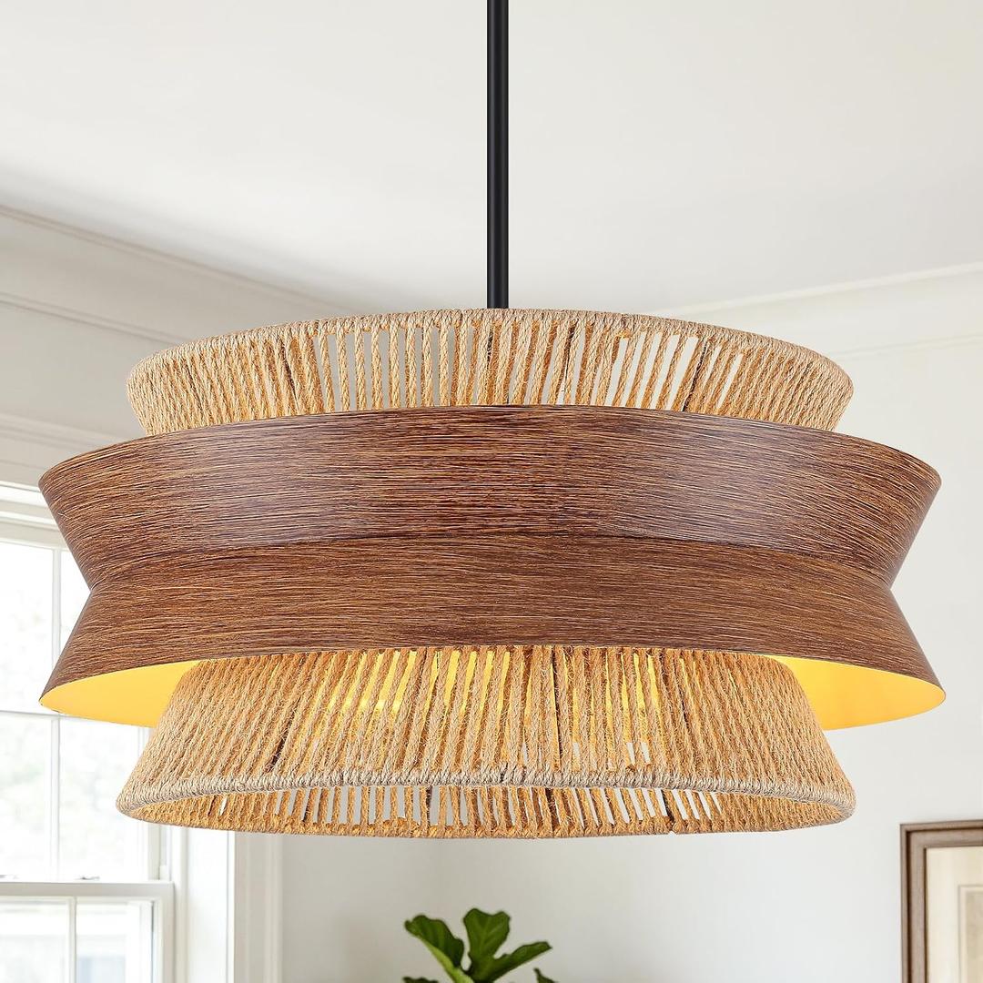 23.6" Large Hand-Woven Rattan Chandelier with Wood Texture | 4-Light, Boho Farmhouse Chandelier, Adjustable Height, for Dining Room Kitchen Island Living Room Bedroom Hallway