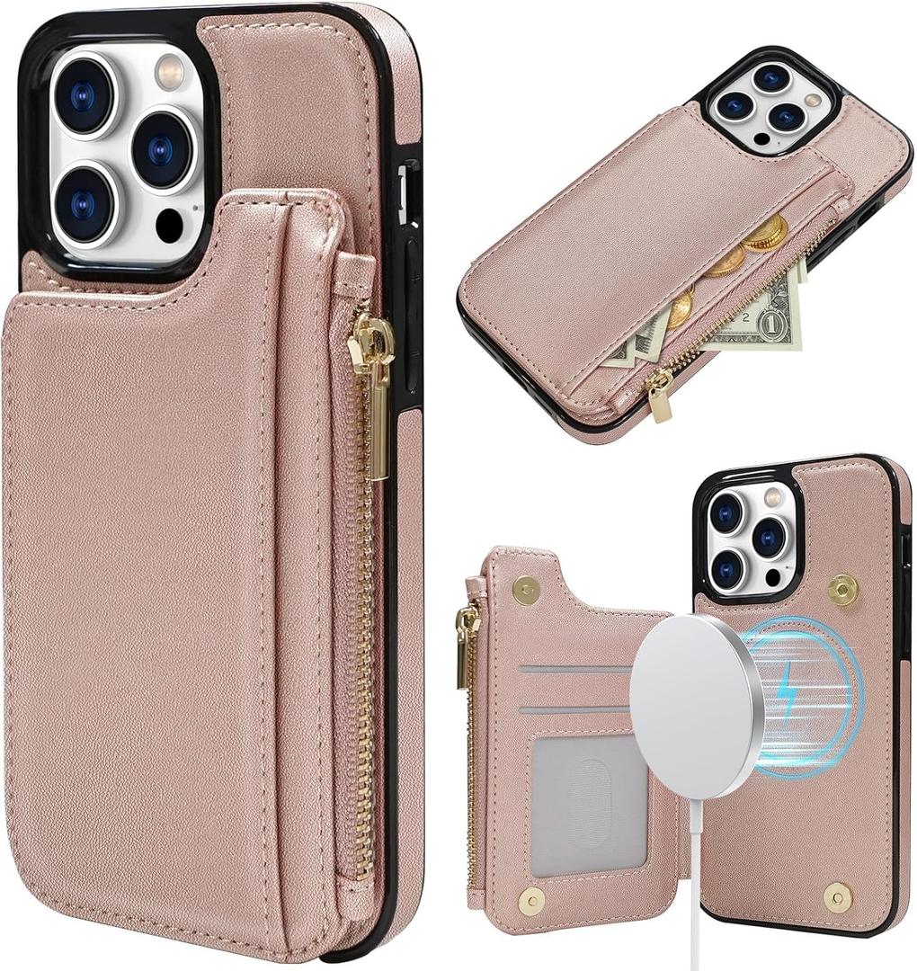 Delidigi for iPhone 14 Pro Max Wallet Case with MagSafe, Women PU Leather Flip Card Holder Zipper Pouch Wallet Case for iPhone 14 Pro Max 6.7", Support Wireless Charging Rose Gold