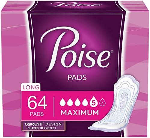 Poise Incontinence Pads, Maximum Absorbency, Long, 64 Count (Pack of 1)
