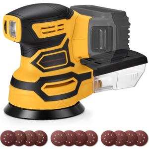 Cordless Orbital Sander for Dewalt 20V Battery, Brushless 6 Variable Speeds, 6000 to 12000 OPM, 12Pcs Sandpapers With Dust Collector for Woodworking Sanding (Battery Not Included) (Yellow)