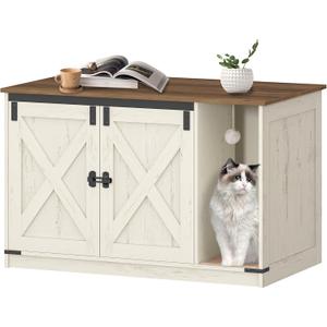 Cat Litter Box Enclosure, Hidden Litter Box Cabinet Furniture with Bell, Indoor Cats House, Farmhouse Style, 39.4 x 21.7X 24.8 Inches for Hallway, Bedroom, Rustic Brown and White CB85214X (39.4"L x 21.7"W x 24.8"H)