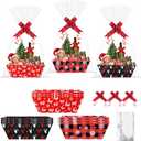 12 Sets Red Black Gingham Christmas Gift Basket Empty with Cellophane Bags 10x7, Red Black Checkered Christmas Basket to Fill with Bows Ribbons for Xmas Holiday Party Supplies