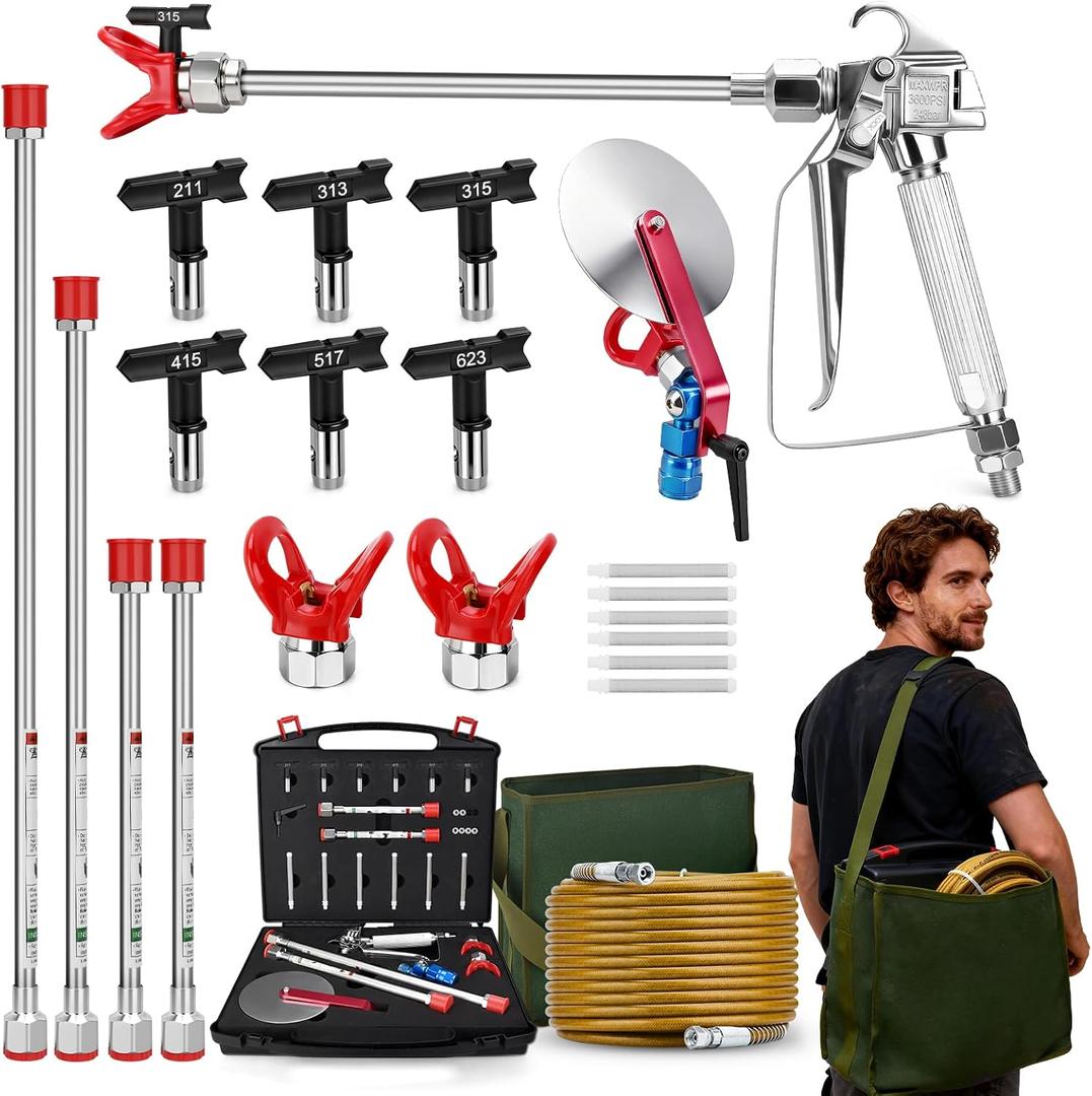 24Pcs Airless Paint Sprayer Gun Kit, 3600PSI Airless Spray Gun with 50Ft High Pressure Hose, 6Pcs Spray Tips, 4Pcs Extension Rods, 6Pcs Filters, Guide Tool & Tip Guard & Storage Case