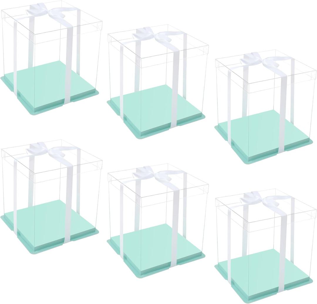 XININSUN clear cake box with ribbon,10inch 12inch cake boxes,transparent tall cake box cake carrier,Square Cardboard Cake Containers clear gift box for Wedding,Birthday,Party (6pcs-green)