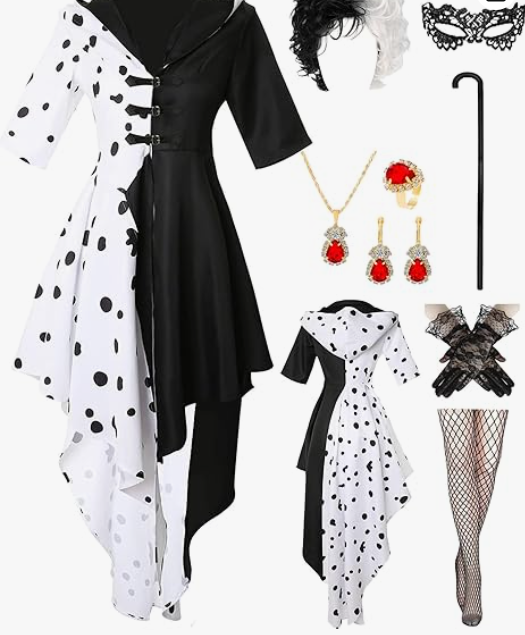 9pcs Women Black and White Dalmatian Costume Dress Up Full Set with Wig for Halloween Cosplay, Large