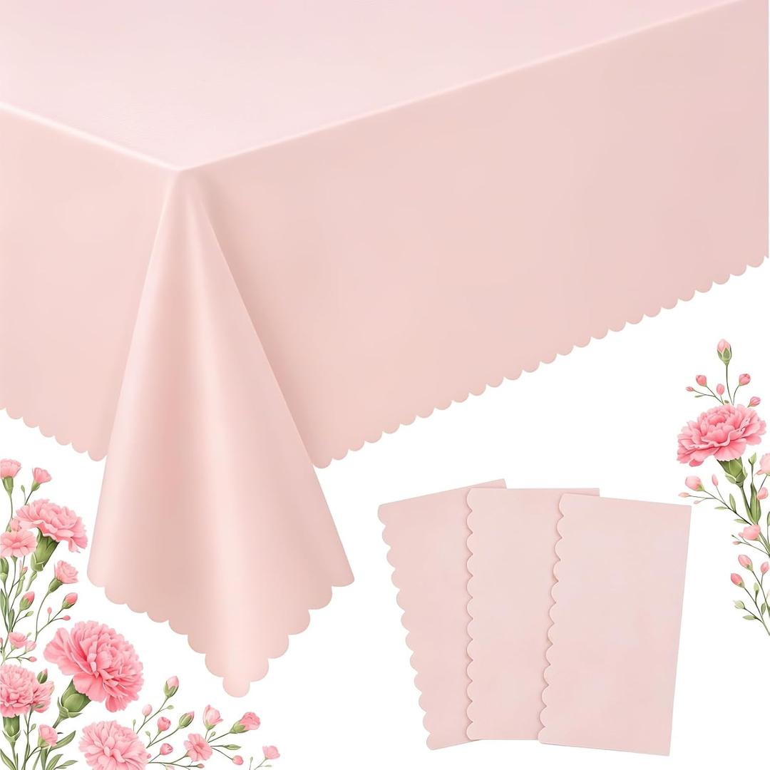 3 x 3 Pack Plastic Light Pink Tablecloths, 54 X 108Inch Disposable Spring Tablecloth Scalloped Mother's Day Table Cloth for Rectangle Tables Table Cover for Easter Baby Shower Bridal Tea Party Wedding