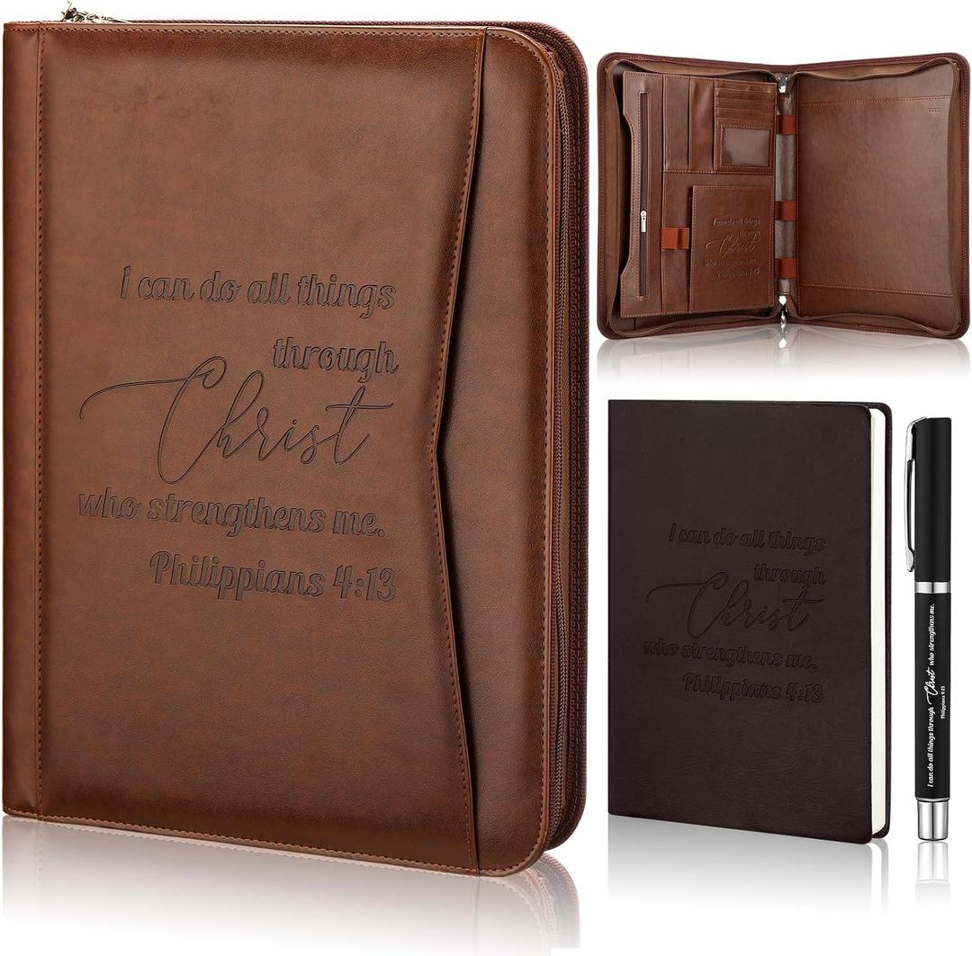 Fuyoooo 3 Pcs Father's Day Christian Gifts for Church Men Pastor's Appreciation Gifts Leather Bible Verse Portfolio Scripture Notebook Bible Pen Religious Coworkers Pastor(Philippians 4:13)