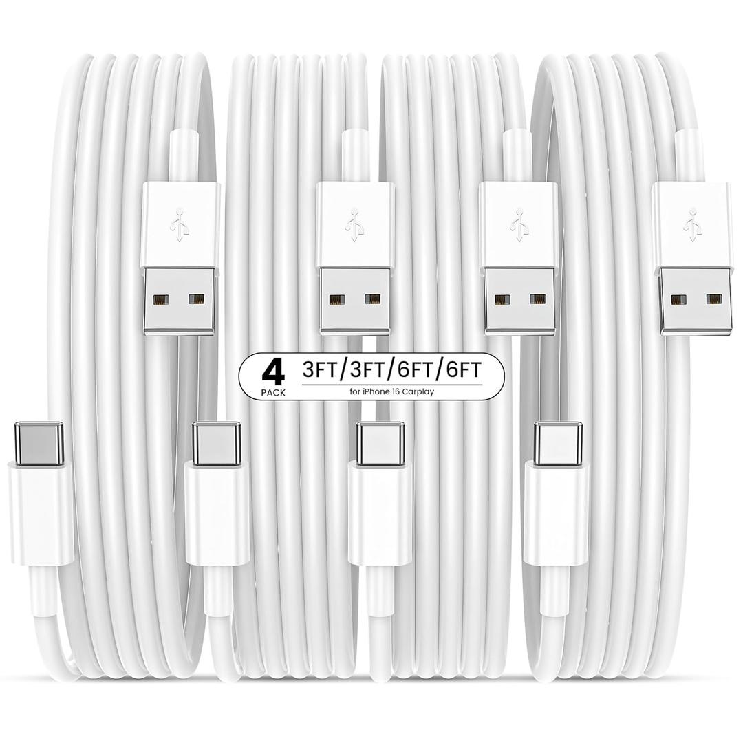 USB to USB C Cable with CarPlay, [4-Pack, 3FT&6FT] USBA to Type C Fast Charging Cords for iPhone 17/17 pro/17 pro max/17 air/16/16 Plus/16 Pro/16 Pro Max/16e/15,Pixel,Galaxy,Note