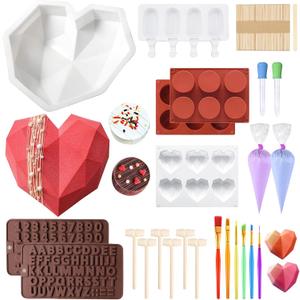 Heart Shaped Chocolate Mold Set Includes Round Cylinder Candy Mold,Cavities Heart Mold,Piping bag,Wood Hammer,Chocolate Bomb Mold,Diamond Mousse Cake Mold Tray