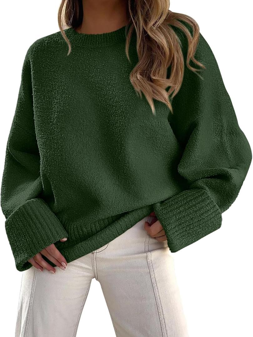 PRETTYGARDEN Women's Fall Oversized Sweaters Casual Crewneck Pullover Long Sleeve Fuzzy Chunky Knit Tops Blouse (Medium, Dark Army Green)
