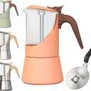 Glass Moka Pot for Stovetop & Induction - Italian Espresso Maker with Wood Handle & Leak-Proof Design - Comes with Induction Heat Diffuser Plate (6 Cup, 240ml) (Stainless Steel color)