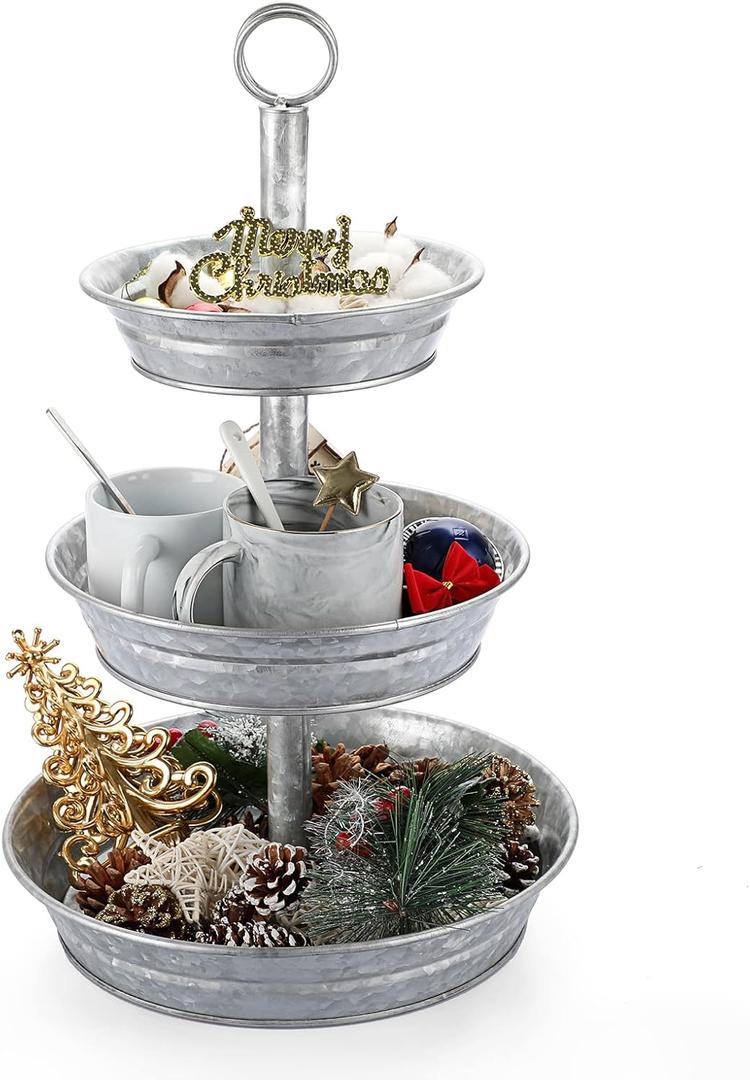 ELLDOO 3 Tier Serving Tray, Farmhouse Metal Tiered Galvanized Serving Tray Stand for Kitchen Dining Party and Wedding Decor, Rustic Home Organizer Tray for Storage Cupcake Dessert Fruit (11.8")