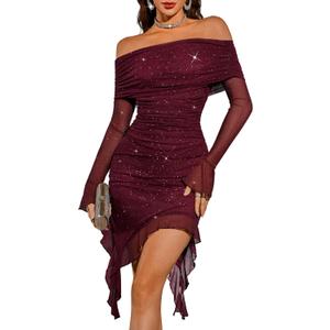 BeryLove Women's Sexy Sequin Prom Cocktail Dress Ruched Bodycon Off Shoulder Formal Party Long Sleeve Dresses (XX-Large, Burgundy)