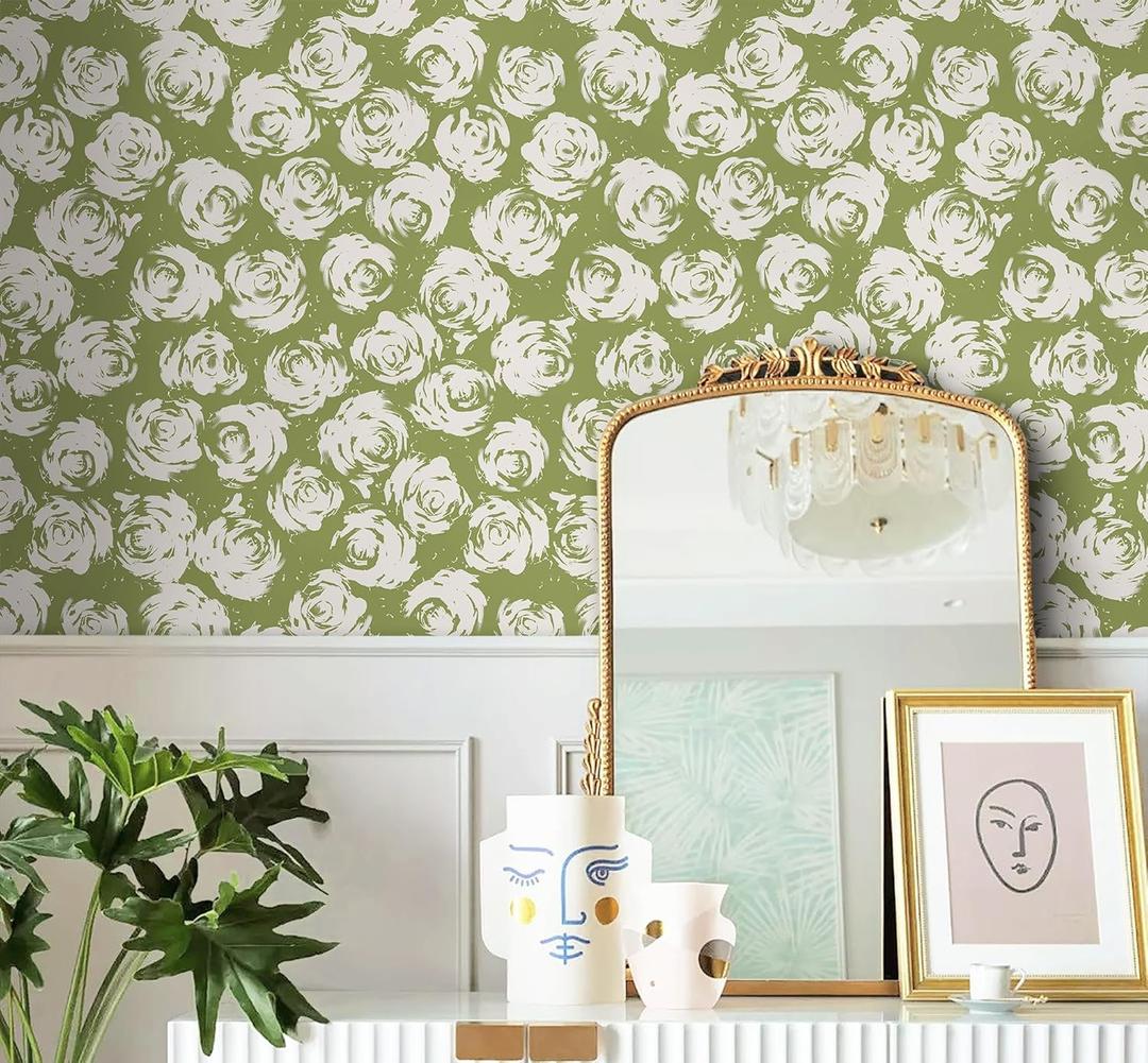 Safiyya Floral Peel and Stick Wallpaper Green and White Wall Paper Boho Contact Paper Self Adhesive Removable Wallpaper for Bathroom 197"x17.3"