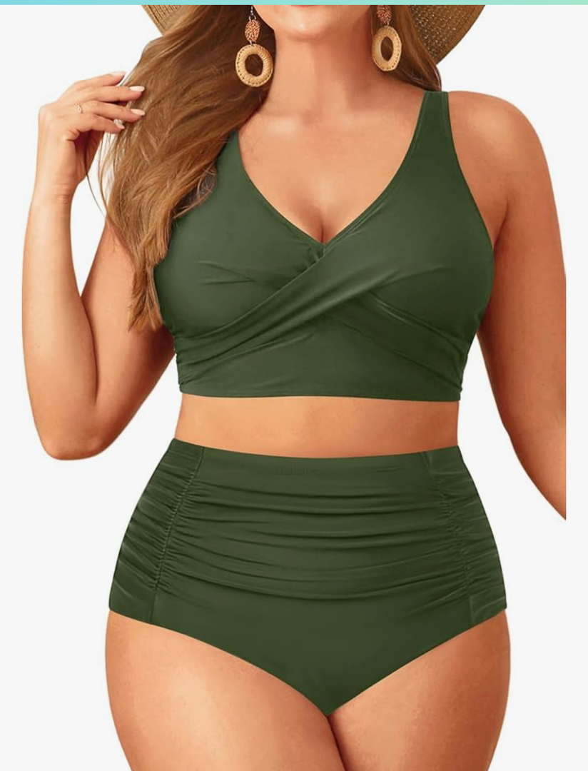 Aqua Eve Women Plus Size Two Piece Swimsuit High Waisted Bikini Set Tummy Control Bathing Suit Army green 22W