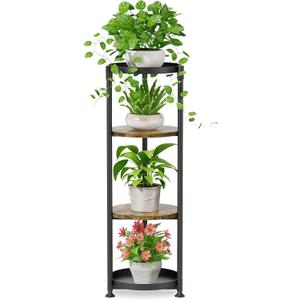 iDavosic.ly 4 Tier Corner Plant Stand Indoor, 45 Inch Tall Vertical Metal Flower Heavy Duty Pot Holder Shelf Outdoor for Patio Porch Living Room, Modern Black & Rustic Brown - Round