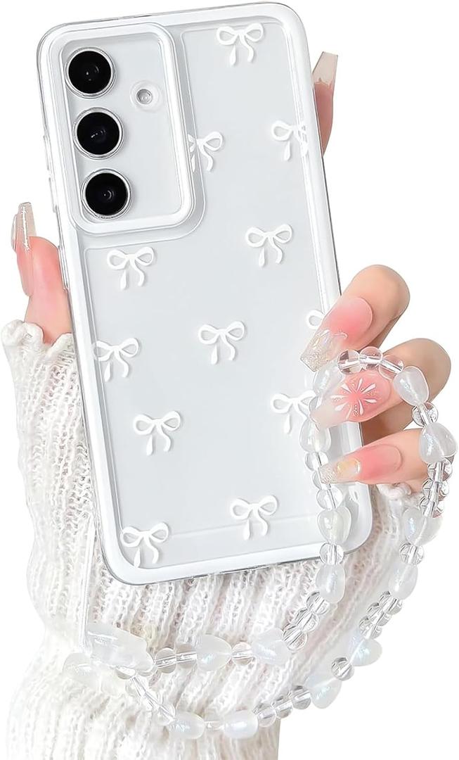 NITITOP Compatible with Samsung Galaxy A15 Case Clear Ribbon Bow Knot Pattern for Girls Women Bowknot Durable with Chain Wrist Strap Soft TPU Shockproof Protective Phone Cover - White