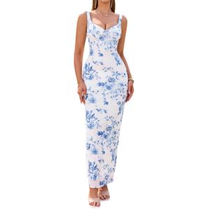 HTZMO Womens Floral Bodycon Formal Wedding Guest Maxi Dress (M)