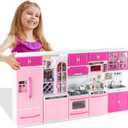64 PCS Pink Kitchen Toys with Lights Sounds|Mini Kitchen House Furniture Sets for Kids Ages 4-8|Doll Playset Toys for Toddlers 3-5|Birthday Gifts for 3 4 5 6 7 8 Old Girls