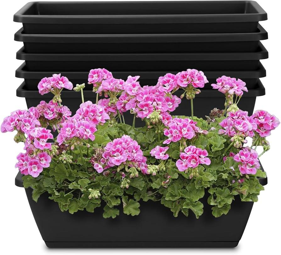 OSMOFUZE Window Box Planter, 6 Packs 17 Inches Rectangle Planters Box with Drainage Holes and Trays, Vegetable Planters for Windowsill Patio Garden Home Decor Porch Yard Dark Gray