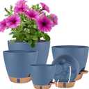 Self Watering Pots for Inoor Ourdoor Plants 8/7/6.5/6/5 Inch Plastic Planters with Drainage Holes & Water Level Indicator, Decorative House Flower Nursery Planting Pots with Saucers (Navy Blue)