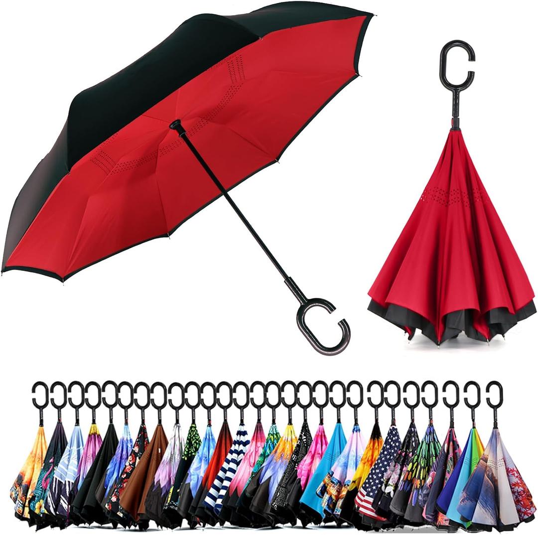 SIEPASA Inverted Reverse Upside Down Umbrella, Extra Large Double Canopy Vented Windproof Waterproof Stick Golf Umbrellas with C-shape Handle.(Red, 56 Inch)