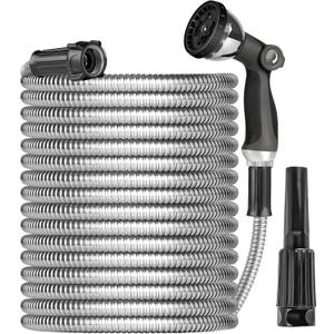 Metal Garden Hose 50ft Heavy Duty Stainless Steel Water Hose with Sprayer & Metal Fittings Flexible Lightweight Hose Puncture Proof Hose for Yard, Outdoors, Rv
