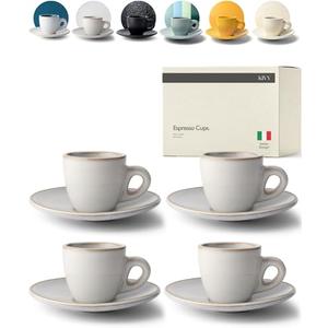KIVY 3 oz Espresso cups set of 4 - Thick walled stoneware espresso cup set - Italian style espresso cups and saucers - Demitasse cups set of 4 - Small Coffee Mugs - Demitasse Cups and Saucers Sets
