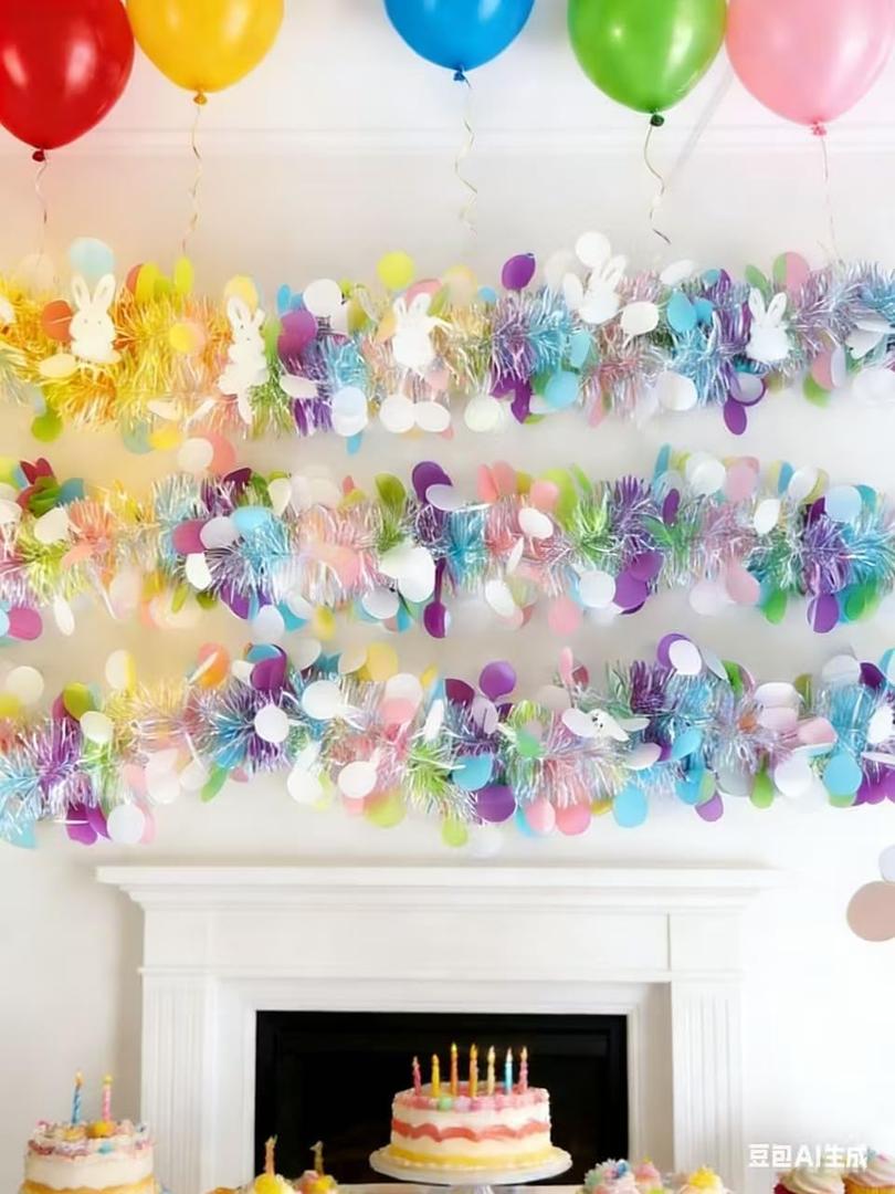 33 Feet Easter Tinsel Garland, Colorful Sequin Spring Decoration in Pink/Yellow/Blue/Green/White, Festive Hanging Floral Decor for Mantel, Tree Stand, Party, Indoor & Outdoor Use