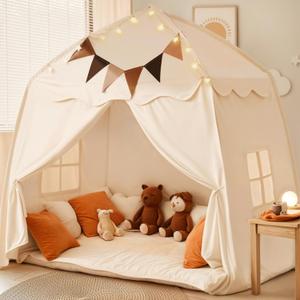 Extra Large Kids Play Tent with Flags & Star Lights, Portable & Foldable Teepee, Boys & Girls, Indoor Outdoor Dome Tent Playhouse, 59x39x59 in, Cream Extra Large Kids Play Tent with Flags & Star Lights, Portable & Foldable Teepee, Boys & Girls, Indoor Outdoor Dome Tent Playhouse, 59x39x59 in, Cream