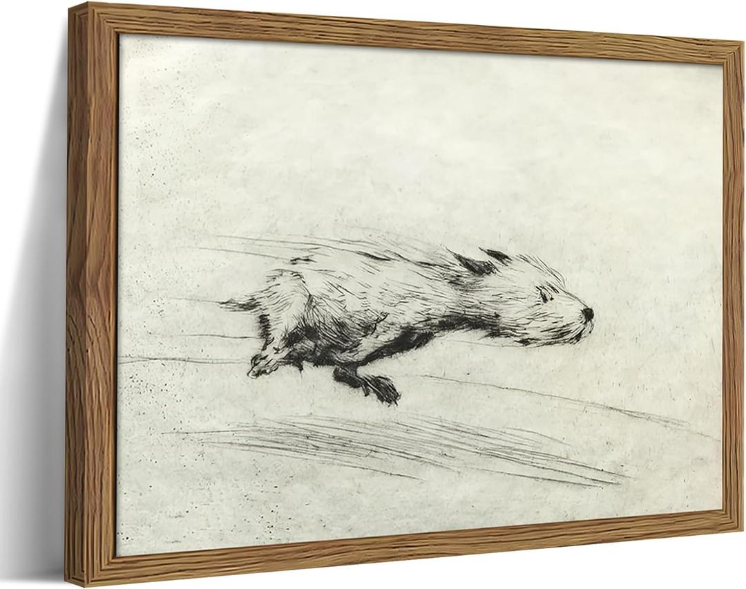 Framed Dog with Zoomies Canvas Wall Art, Vintage Dog Flight Poster Print, Sketch Running Little Pictures Decor, Black and White Silly Wall Decor for Living Room Bedroom 16x24 inch