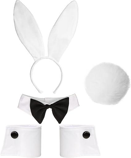 Bunny Costume Set - Rabbit Ears Headband, Bow Tie, Cuff and Tail Accessories Kit White Set