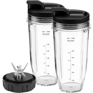Blender Replacement Parts 24oz Ninja Blender Cups with To-Go Lids, 7 Fins Extractor Blade, Compatible with Nutri Ninja Auto iQ Blenders BL2012 BN801 BL480 BL642 BL682 NN102 NN100