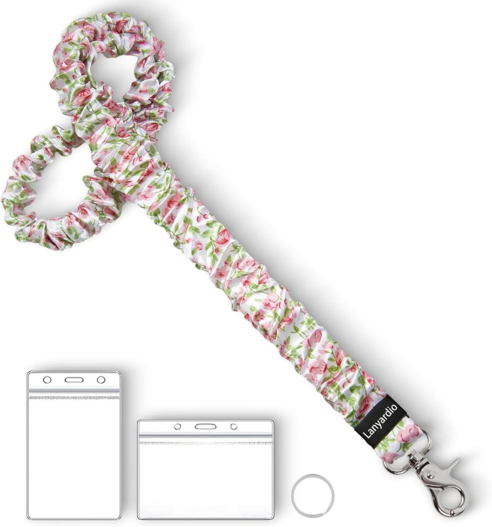 Lanyardio Stretchy Scrunchie Lanyard for ID Badges Keys, Cute Teacher Lanyard for Women with 2 Card Holders 19.24 Inch