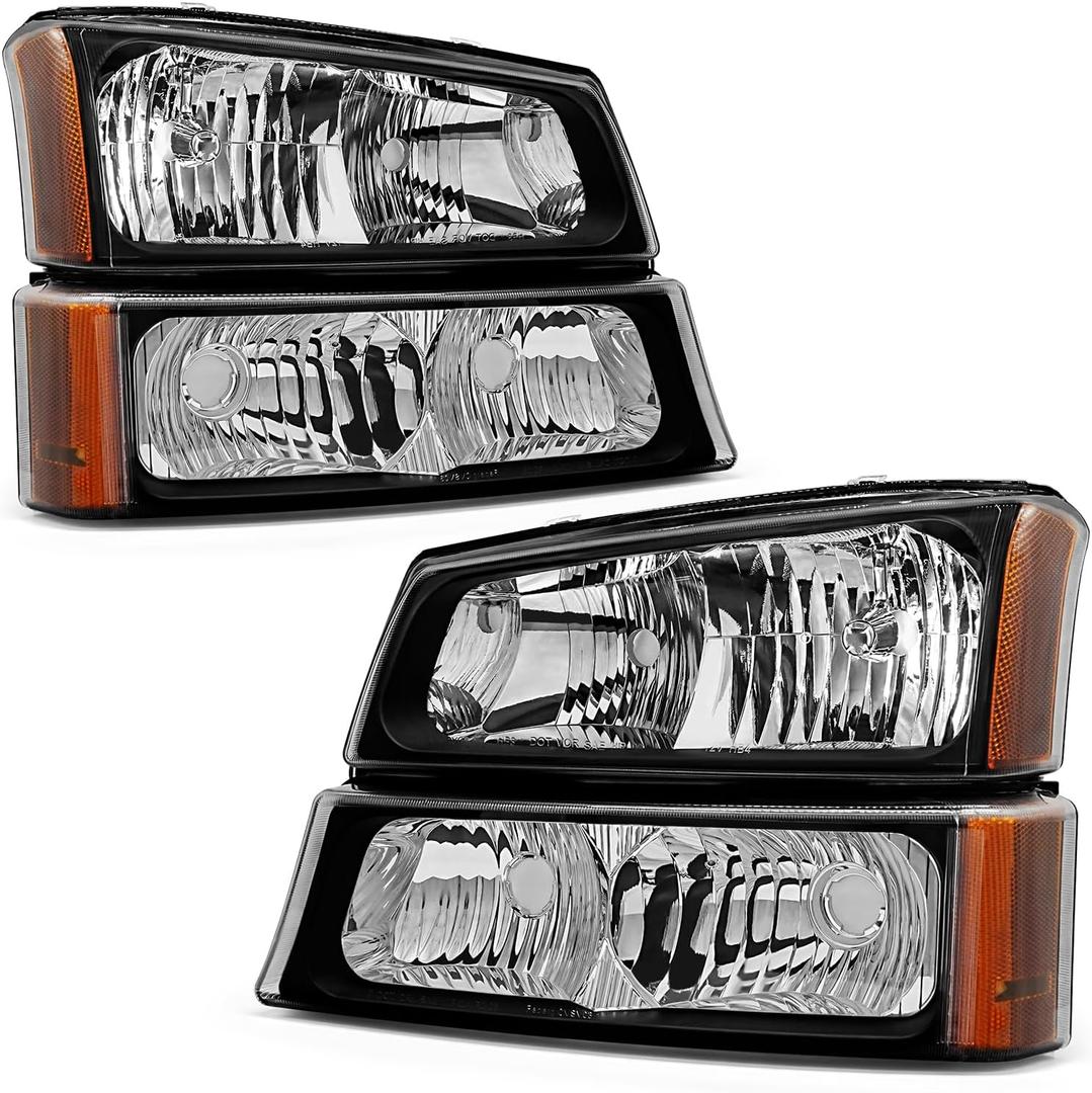 Headlight Assembly Compatible with 2003-2007 Chevy Silverado / 2002-2006 Chevy Avalanche with Bumper Lamp Balck Housing Amber Reflector Driver and Passenger Side (OE Replacement)