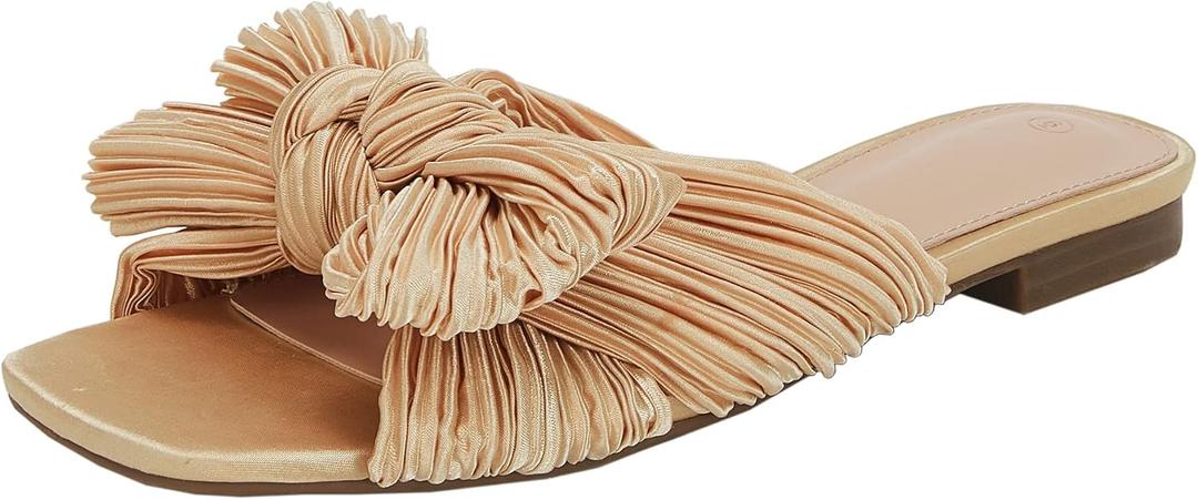 VETASTE Women's Pleated Bow Flat Sandals Open Square Toe Slip on Slide Sandals, 10