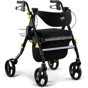 Medline Premium Empower Folding Mobility Rollator Walker with Memory Foam Seat, Black, 300 lb. Weight Capacity, 8 Wheels, Cupholder,Rolling Walker for Mobility Impairment, Adjustable Handles