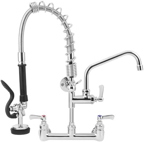 BZIMAK 21" Height Commercial Faucet with Sprayer, 8" Adjustable Center & 8" Add-on Swing Spout, Wall Mount Pre Rinse Commercial Sink Faucet for Commercial Restaurant Industrial Kitchen, Missing Peices