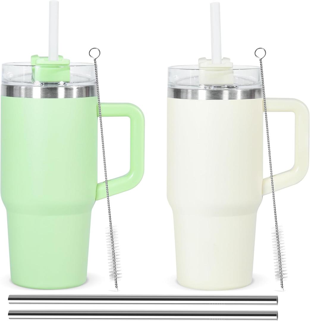 14 Oz Tumbler with Handle and Straw for Kids, 2Pack Insulated Cup for Kids, Travel Coffee Mugs for School Outdoor Travel, White&Green