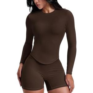 AVGO Workout Shirts for Women Slim Fit Long Sleeve Crop Tops Gym Shirt Running Breathable Athletic Clothes, M, Roasted Brown