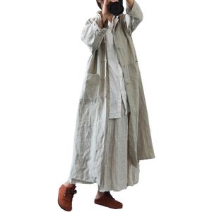 LUZU JUNU Women Vintage Cotton Linen Trench Coats Button Down Solid Color Long Sleeve Jackets with Pockets